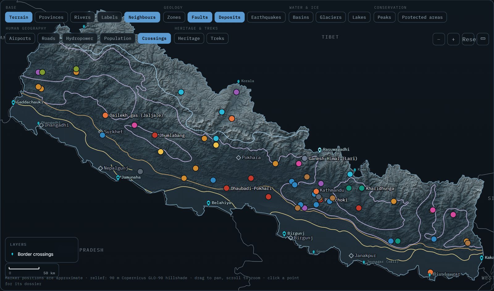The Nepal atlas — a shaded-relief map of Nepal spanning the frame, dotted with coloured mineral-deposit markers and labelled places such as Kathmandu, Pokhara and Surkhet, with layer toggles across the top.